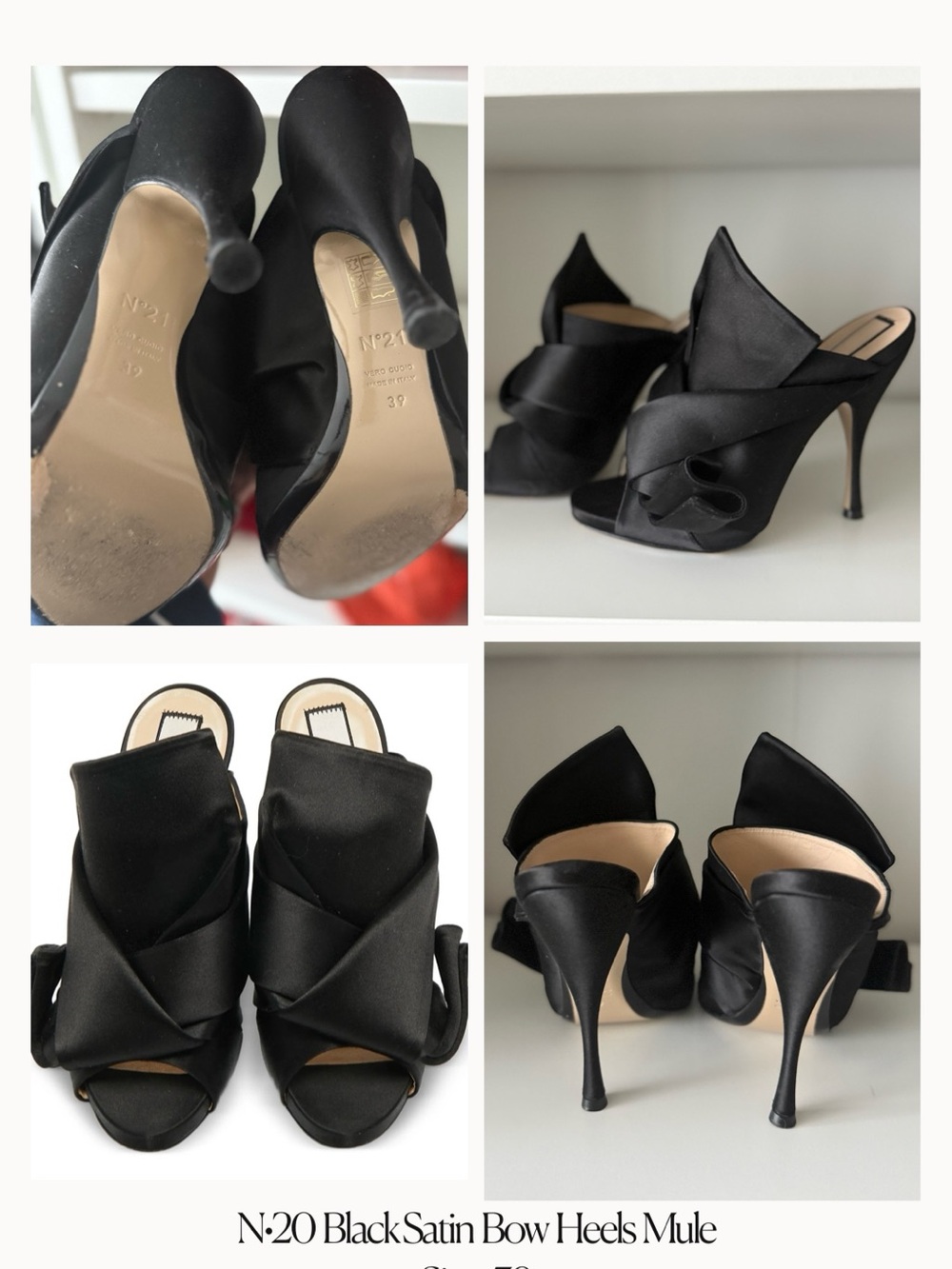Black Satin Bow Heel Mules